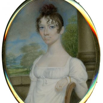 Miniature portrait by Walter Stephens Lethbridge of an elegant Regency lady relaxing on a terrace