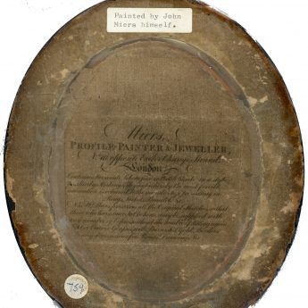 Trade label on a silhouette painted on plaster by John Miers