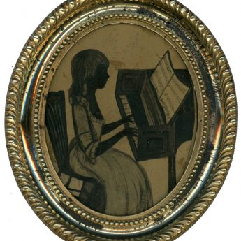 Painted 18th century silhouette of Eliza Ann Mackworth playing the piano