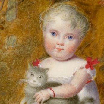 Miniature portrait of a child in a garden holding a grey cat