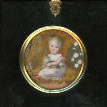 Miniature portrait of a child in a garden holding a grey cat