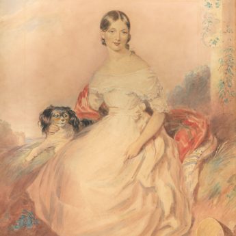 Romantic watercolour portrait of a young lady with her King Charles spaniel
