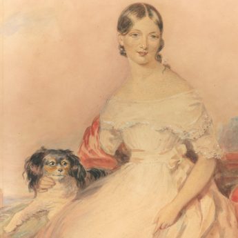 Romantic watercolour portrait of a young lady with her King Charles spaniel