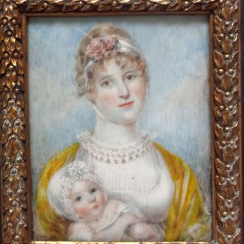 Delightful miniature portrait of a young Regency mother with her newborn child