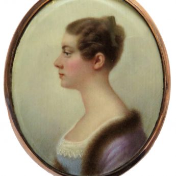 Profile portrait miniature of a young lady in a fur-trimmed purple surcoat