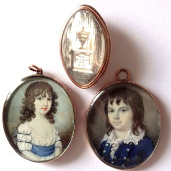 Family group of miniatures including a memorial brooch
