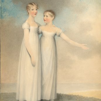 Watercolour portrait of two sisters in a landscape painted by Adam Buck in 1816
