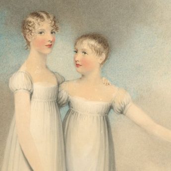 Watercolour portrait of two sisters in a landscape painted by Adam Buck in 1816