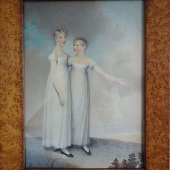 Watercolour portrait of sisters by Irish artist Adam Buck