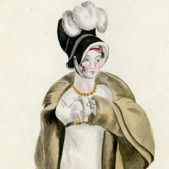 Fashion watercolour of a young Regency lady out walking
