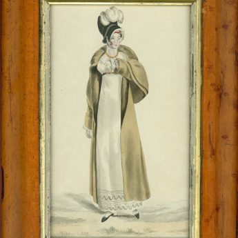 Fashion watercolour of a young Regency lady out walking