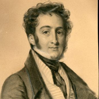 Monochrome watercolour of a dashing gentleman in a striped waistcoat