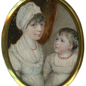 A winsome portrait miniature of a young Regency mother with her child