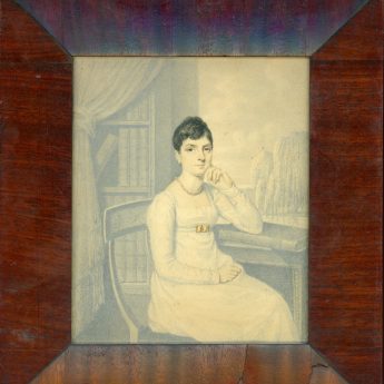 Pencil and watercolour portrait of Miss Wilson in a library