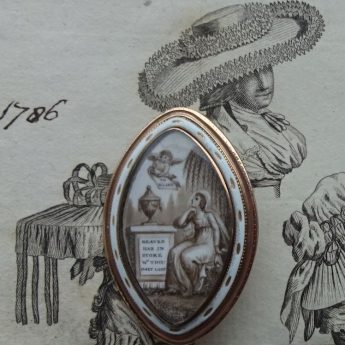 Gold and enamel memorial brooch dated 1786 with a sepia and chopped hair painting