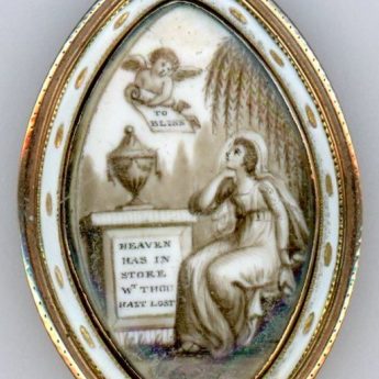 Gold and enamel memorial brooch dated 1786 with a sepia and chopped hair painting