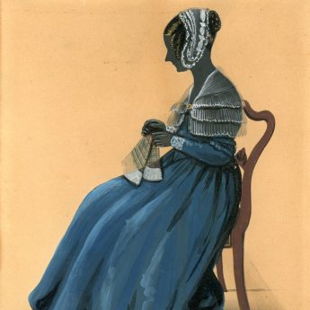 Colourful painted and gilded silhouette of a lady sewing