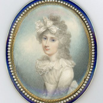 Miniature portrait of a young lady set in a gold frame with enamel and seed pearl surround, attributed to Scottish artist Archibald Skirving