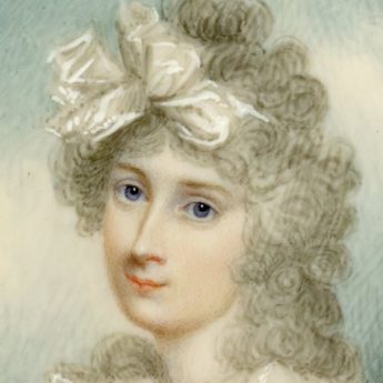 Miniature portrait of a young lady set in a gold frame with enamel and seed pearl surround, attributed to Scottish artist Archibald Skirving