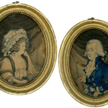 A pair of watercolour portrait of a Georgian couple by William Wellings