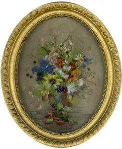 Feather work picture featuring a vase of flowers