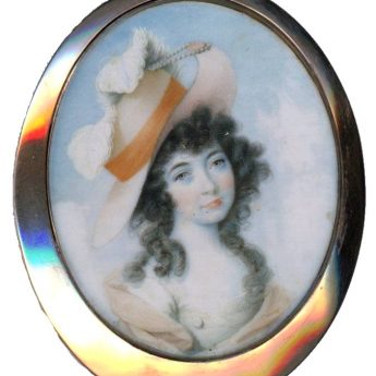 Miniature portrait of a young lady in a splendid straw bonnet trimmed with feathers painted by John Donaldson