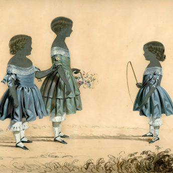 Cut and painted silhouette heightened with colour of three children