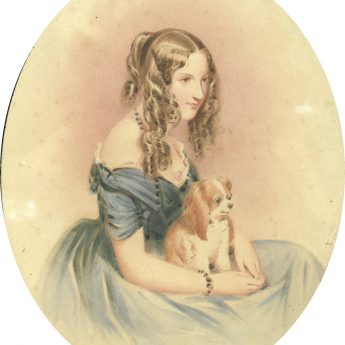 Watercolour portrait of a young lady with a puppy on her lap