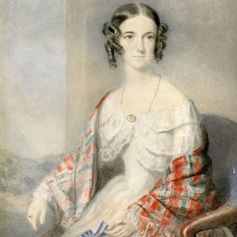 Watercolour portrait of a lady wearing a fringed shawl