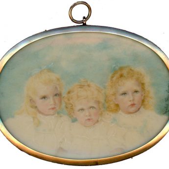 Miniature portrait of two girls and their little brother by Mabel Terry Lewis, 1896