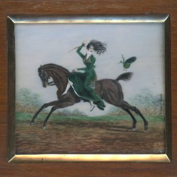 Miniature portrait of a lady riding a horse painted by Jacques-Victor Bouis