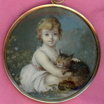 Miniature portrait of a child in a garden with a tabby cat
