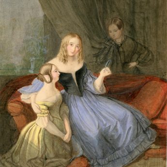 Watercolour of a young family in a drawing room