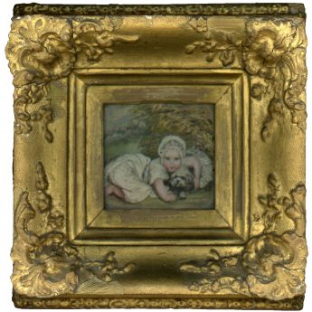 Silk needlework and watercolour picture of a child with a dog