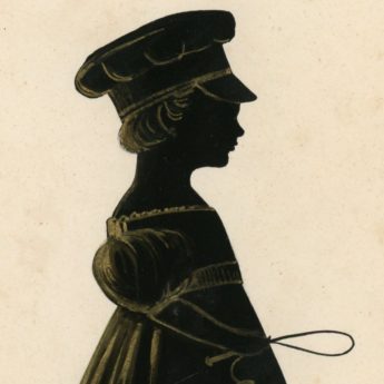 Painted silhouette of a boy in a peaked cap