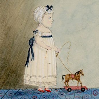 Watercolour portrait of a child with a toy horse on wheels