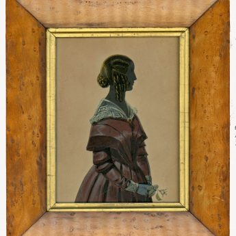 Painted and gilded silhouette of a lady in a plum dress