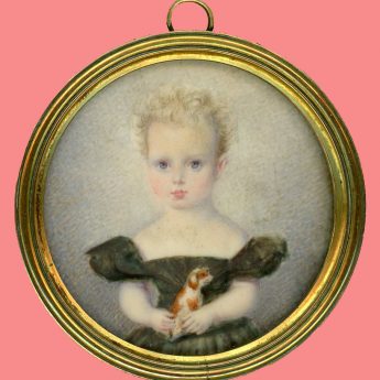 Circular portrait of a child with a toy dog