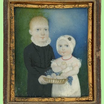 Charming miniature portrait of children with a basket of fruit