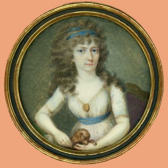 Miniature portrait of a lady with her puppy