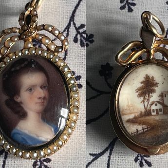 Georgian miniature enamel portrait with sepia painting reverse