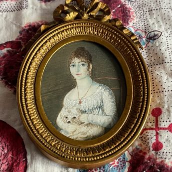 French miniature portrait of a lady with a lap dog