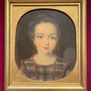 Oil on board portrait of a child in a plaid dress