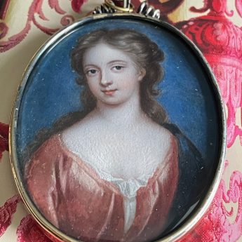 Miniature portrait of a lady in a coral dress, oil on copper