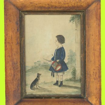 Naive watercolour of a little boy with a drum and a dog