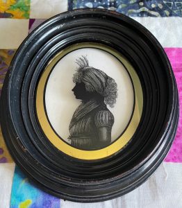 Mrs Elizabeth Hudson, a pair of silhouettes reverse painted on glass of John Harvey and his wife Frances Kerrison