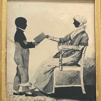 Painted silhouette of a Regency lady with her little son
