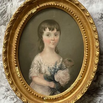 Pastel portrait of a girl holding a bunch of flowers