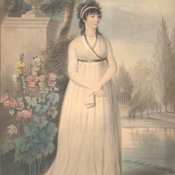 Henry Edridge ARA, watercolour portrait of Mrs Pope in a classical garden landscape