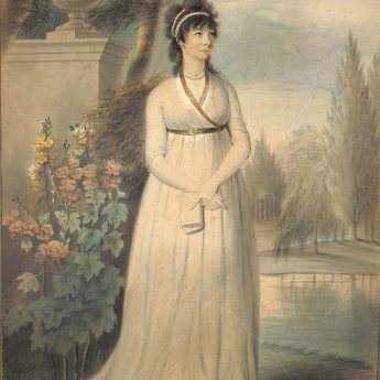Henry Edridge ARA, watercolour portrait of Mrs Pope in a classical garden landscape
